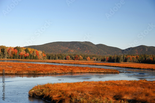winding river, autumn forest and remote mountain