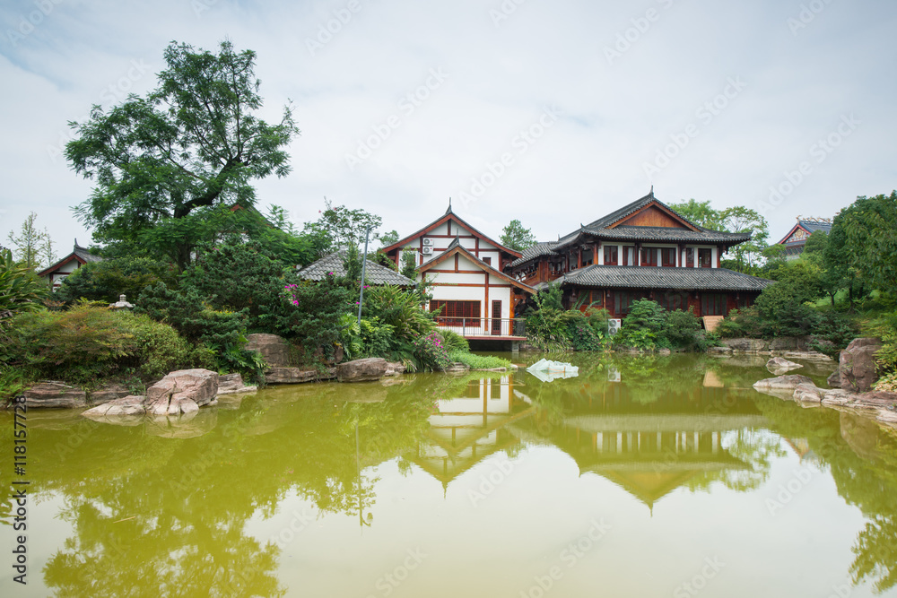 traditional chinese building by the lake,chongqing,china traditional chinese building by the lake,chongqing,china