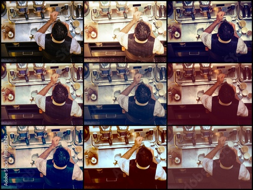 Photo collage of Barista and coffee machines, vintage filter applied