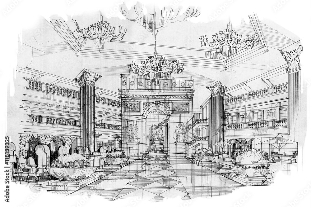 sketch perspective stripes lobby, black and white interior design.
