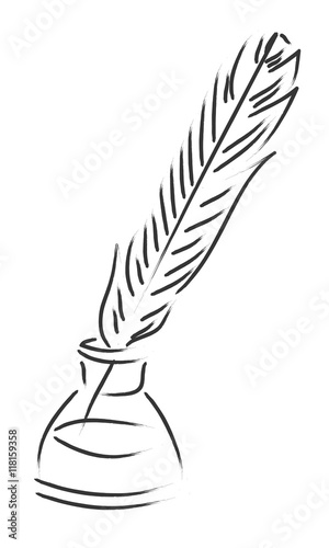 Goose feather in inkpot isolated on white background