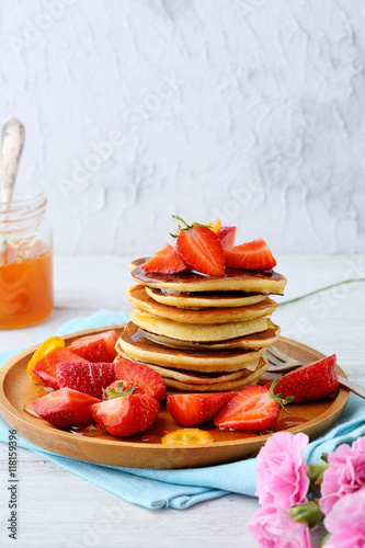 Breakfast pancakes with fresh strawberry