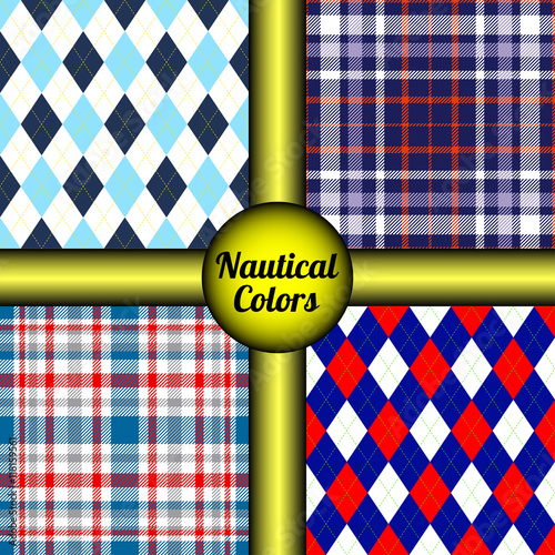 Set of four seamless patterns in nautical palette. Traditional textile argyle & tartan plaid design for marine look outfit. 