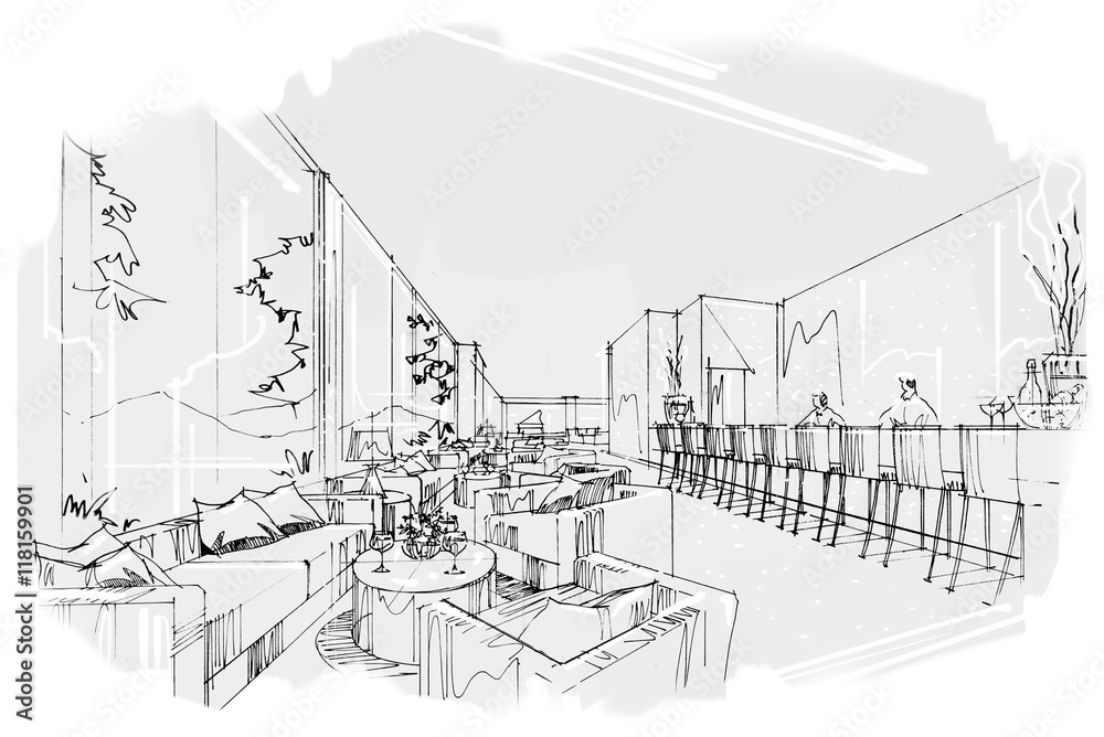 sketch perspective stripes all day, black and white interior design.