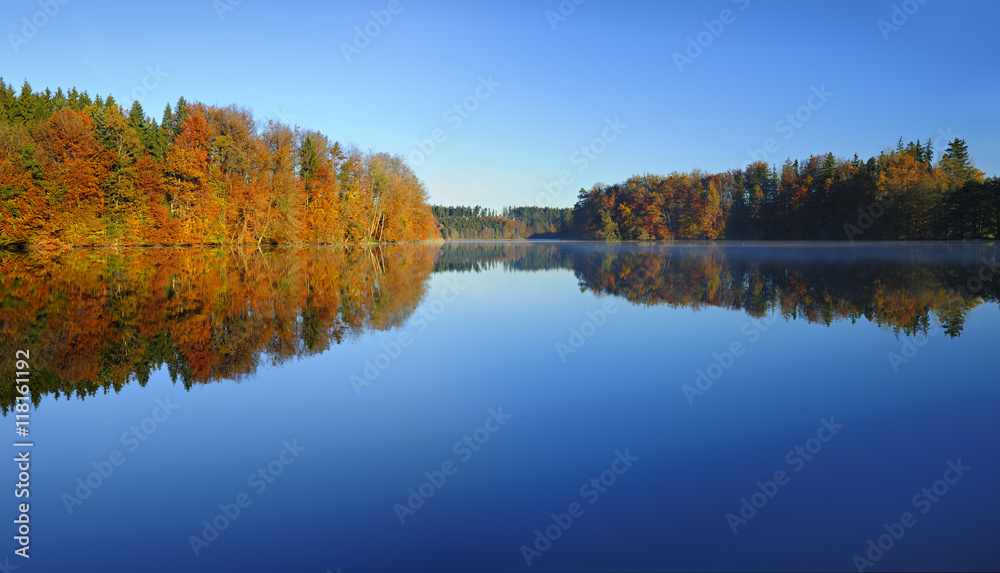 Fototapeta premium Calm Lake in Autumn, Reflection of Forest with Leaves changing Colour