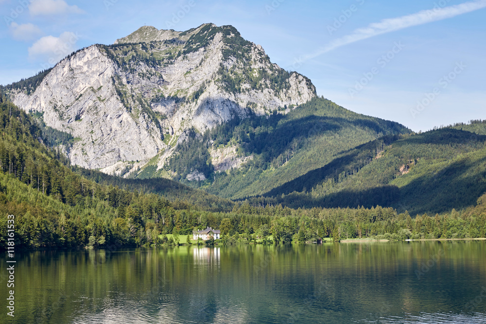 Lake and mountains at the Vorderer Langbathsee in Salzkammergut,