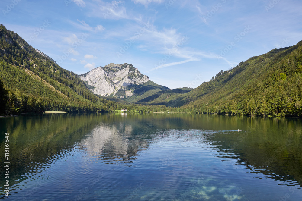 Lake and mountains at the Vorderer Langbathsee in Salzkammergut,