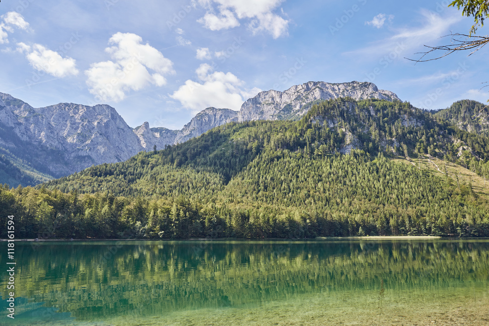 Refections on the water of Vorder Langbathsee in Austria Refections on the water of Vorder Langbathsee in Austria