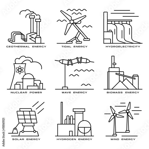 Vector set of web icons on electricity generation plants and sou
