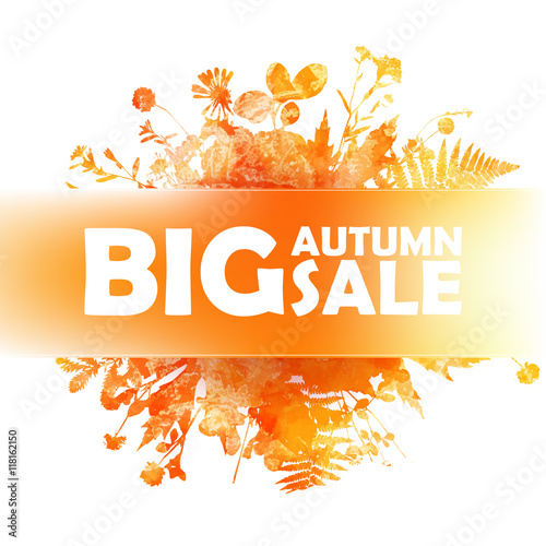 Autumn big sale - watercolor banner with orange folliage