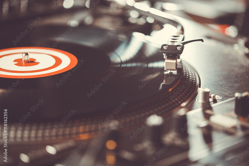 Retro dj turntable. Analog vinyl record player device. Vintage audio