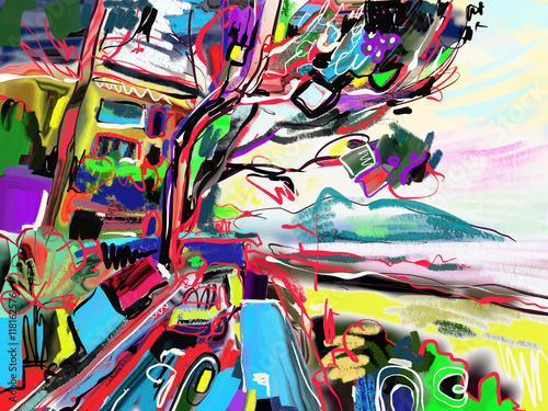 original abstract digital painting of italian rural landscape