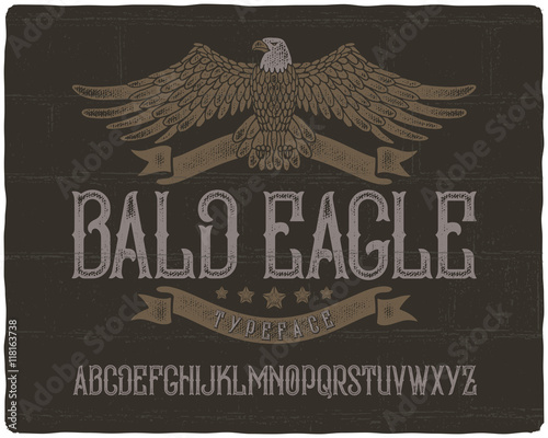 Vintage textured font with ribbons, stars and bald eagle graphic illustration