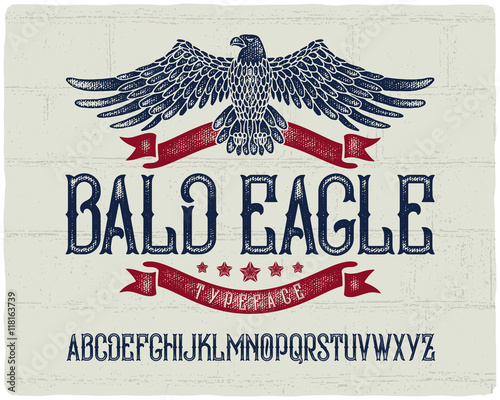 Vintage textured font with ribbons, stars and bald eagle graphic illustration