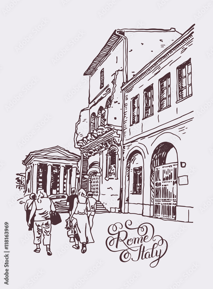 original digital drawing of Rome street, Italy