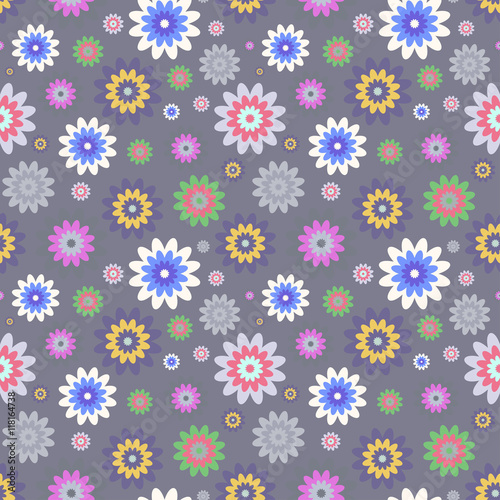 Seamless pattern of colorful floral elements on dark gray background. 
