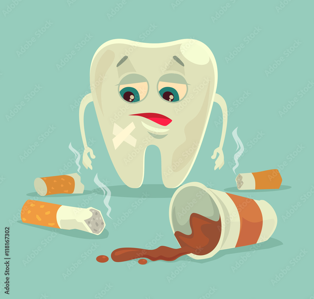 Bad habits. Unhealthy tooth character with coffee and cigarette. Vector