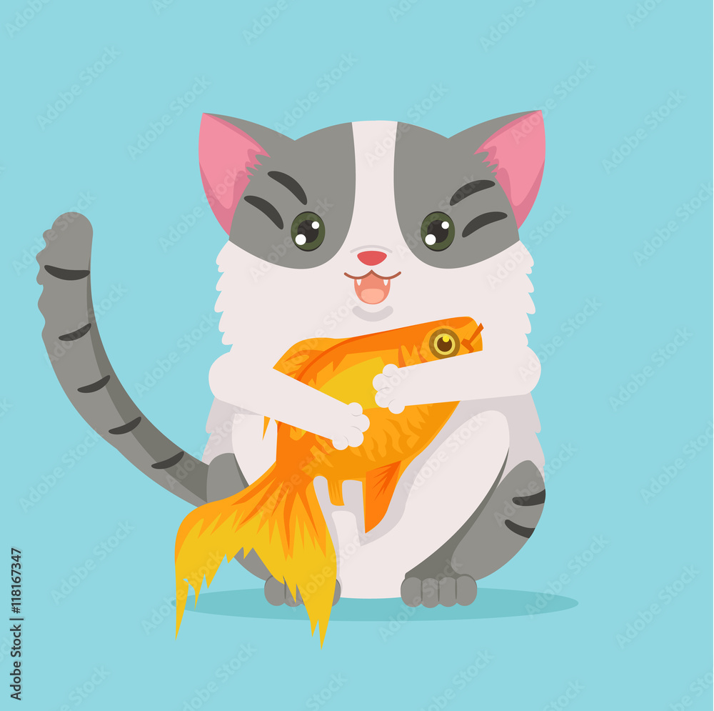 Fat cat character hold gold fish. Vector flat cartoon illustration