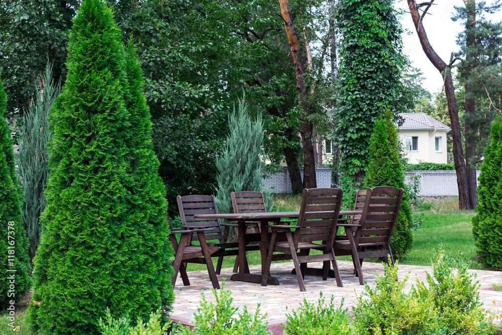 Wooden table and cheers in summer garden Wooden table and cheers in summer garden