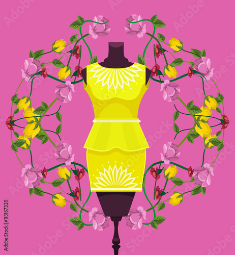 Mannequin with dress. Shop showcase. Vector flat cartoon illustration