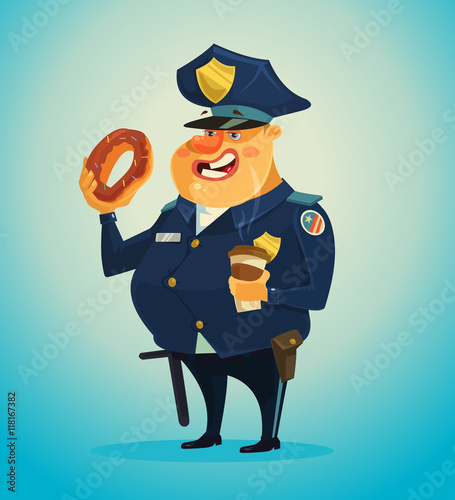 Police officer character eating donuts and coffee. Vector flat cartoon illustration