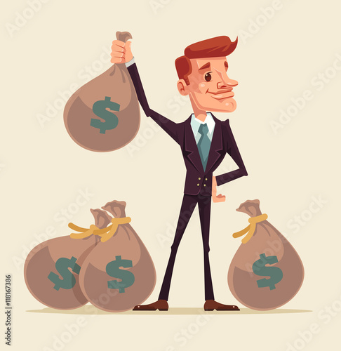 Rich businessman character hold bags full of money. Vector flat cartoon illustration