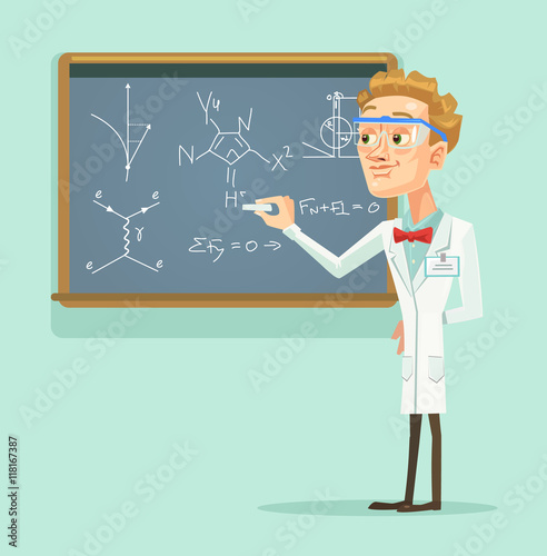Young professor scientist character with chalkboard in classroom. Vector flat cartoon illustration