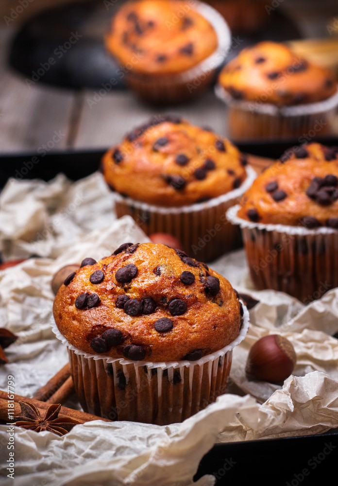 Homemade chocolate chip muffins for breakfast Homemade chocolate chip muffins for breakfast