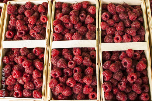 raspberries in baskets at the market