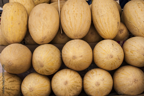 melons in a row on the market