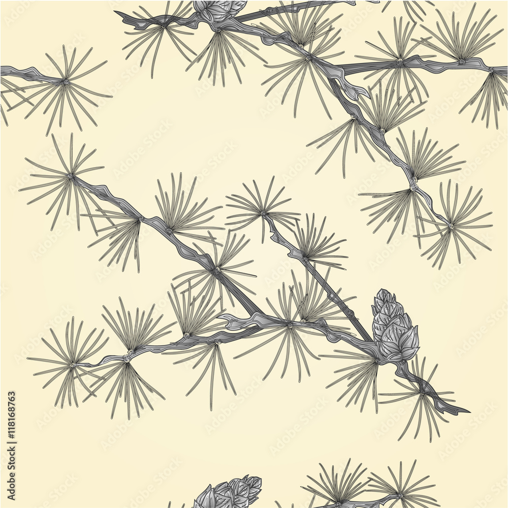 Seamless texture Larch tamarack branch as vintage engraving vector illustration