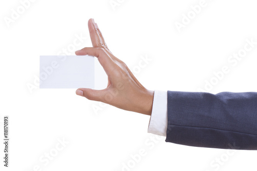 Businessman showing and handing a blank business card, isolated on white background. with using path