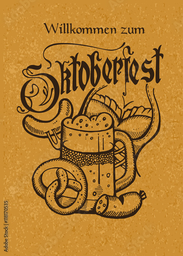 Oktoberfest. Logo, poster. Mug of beer pretzel hand drawn dirndl