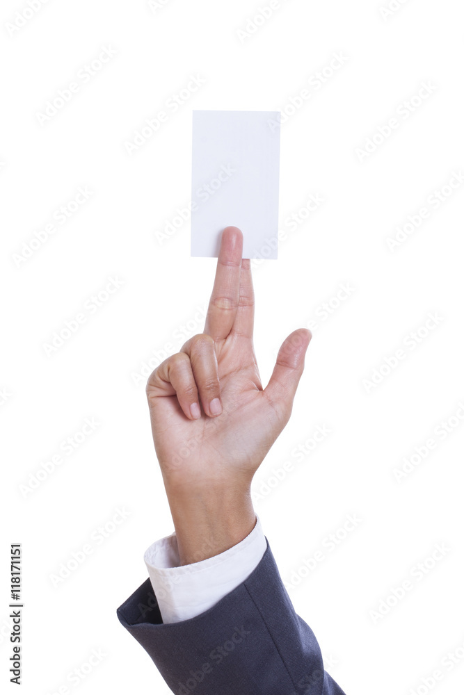 Businessman showing and handing a blank business card, isolated on white background. with using path Businessman showing and handing a blank business card, isolated on white background. with using path