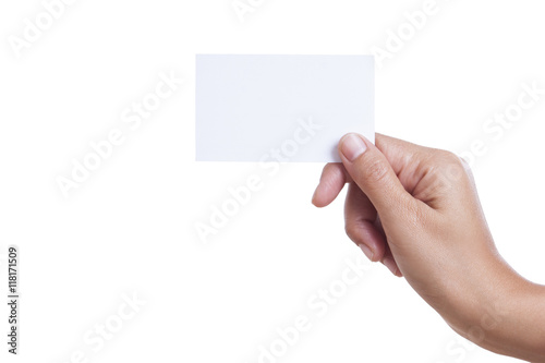 A female handing a blank business card, isolated on white background. with using path 