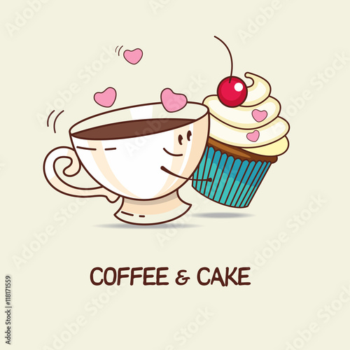 Coffee and cake, love forever. Coffee and cake hug. Comic, carto