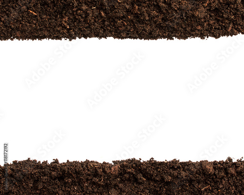 Dark Soil on White Background.Top View of a soil. Close Up Macro