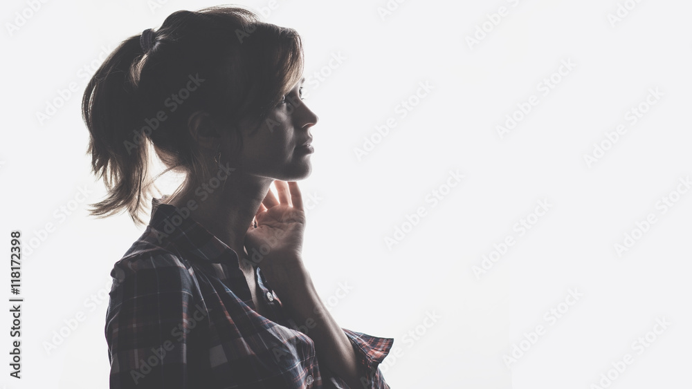 Naklejka premium Black and white profile of beautiful young girl