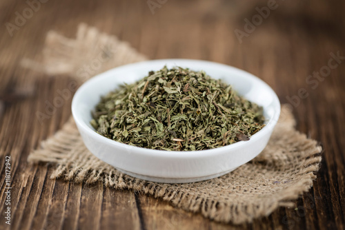 Portion of Stevia Leaves (dried, close-up shot)