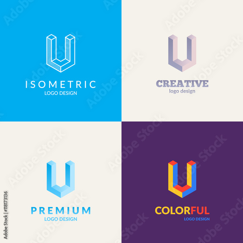 Letter "U" isometric logo design. 3d typography set.