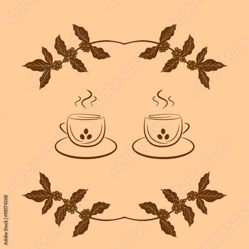  coffee background with branch of coffee and coffee cups. Hand drawn illustration in sketch style. Menu design for cafe and restaurant.