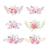 Watercolor colorful ethnic set of bouquet flowers in native Amer