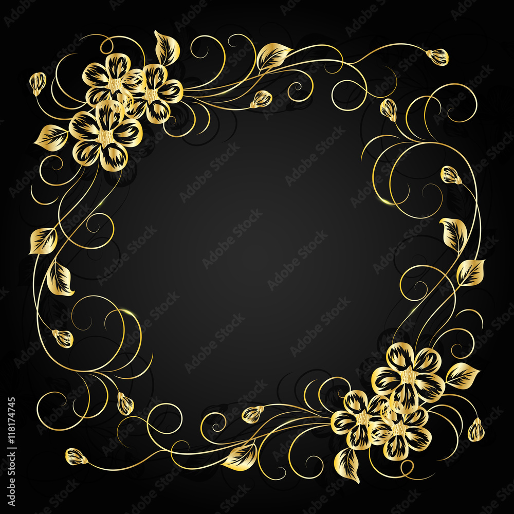 Gold flowers with shadow on dark background.