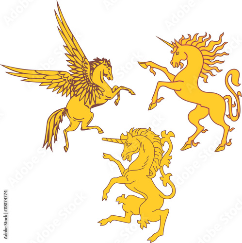 Set of mythic heraldic unicorns and pegasus