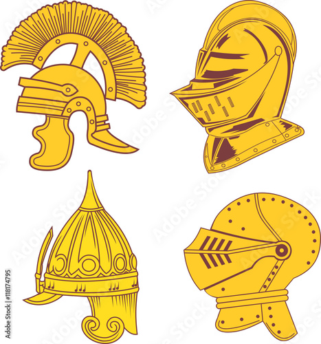 Set of heraldic helmets - medieval, ancient, oriental