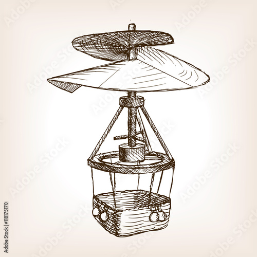 Antique helicopter hand drawn sketch vector