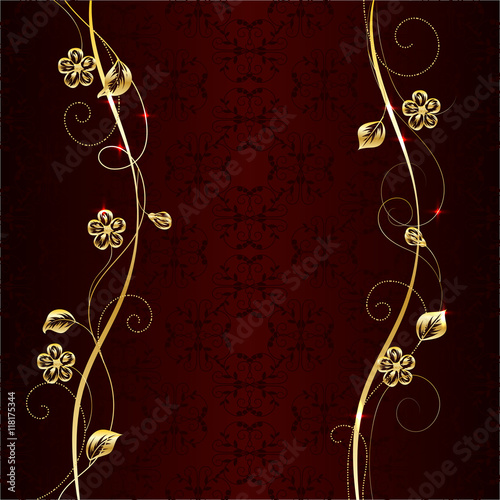 Fototapeta Naklejka Na Ścianę i Meble -  Gold floral pattern on dark background.