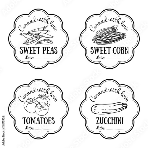 Set of vector labels with hand drawn vegetable. Black and white templates for design can be used as sticker on canned jar, farmers market, organic food store