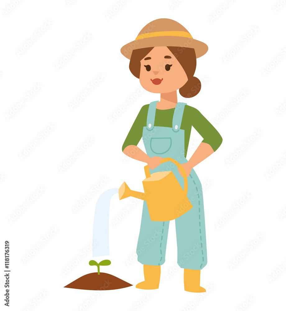 Woman with watering can vector illustration.
