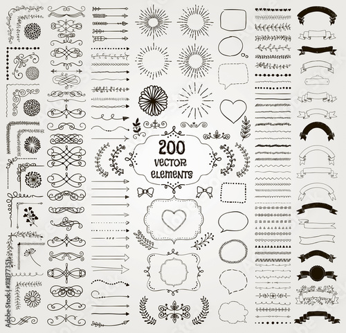 Big Set of Vector Decorative Hand Drawn Design Elements
